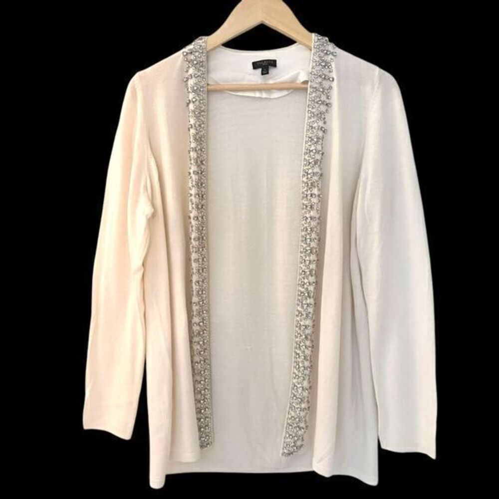 Talbots Womens White Lambswool Open Soft Cardigan with Jewels Size X (XL)